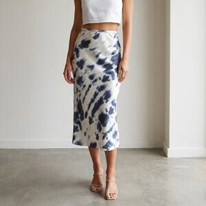 Shona Joy Palmar Bias Satin Slip High Waist Midi Skirt - Ivory Ink, size 4